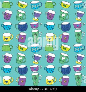 cute multi-colored tea cups with drawings, various shapes, Doodle style, on a turquoise background, seamless vector pattern, for fabric, paper.. Stock Vector