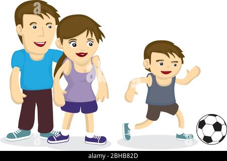 Couple seeing son playing with soccer. Concept of family bonding and fitness. Vector cartoon illustration. Stock Vector