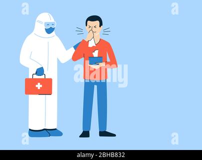 Vector illustration in flat style. Coronavirus COVID-19 concept. Place for text. Banner, poster, card, brochure template. Doctor in protective suit Stock Vector