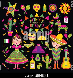 Cinco de Mayo celebration in Mexico, set, design icons.Collection objects for Cinco de Mayo parade with pinata, food, sambrero, tequila, cactus, flag Stock Vector