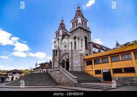 San Jose de Minas, Pichincha, Ecuador, August 10, 2019: San Jose de Minas parish church, built with stones and lime, is in the central park of the tow Stock Photo