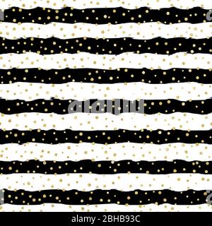 Christmas glitter seamless pattern background. Gold polka dot, foil confetti on trendy black and white stripes. Decoration for card, wallpaper Stock Vector