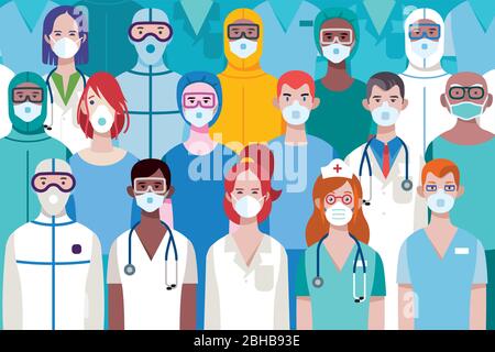 Team of Female and Male Doctors or Nurses Wearing different Personal Protective Equiment for work in an Hospital  to fight againstthe covid-19 virus. Stock Vector