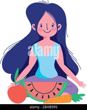 girl sitting in floor with fresh fruits, exercises at home vector illustration Stock Vector