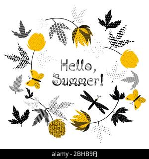 Yellow wild flower and butterflies and dragonfly on white background. Summer floral circle border. Vector illustration patch work for wrapper, cloth, Stock Vector