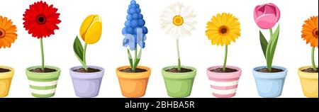 Vector horizontal seamless background with colorful spring flowers in flowerpots. Stock Vector