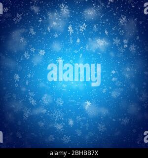 Christmas template with white blurred and clear snowflakes on blue background. EPS 10 Stock Vector
