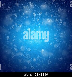 Christmas template with white blurred and clear snowflakes on blue background. EPS 10 Stock Vector