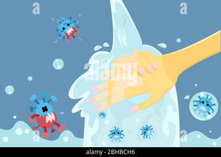 Woman washing her hands with alcohol gel or soap with bubbles to sanitize and disinfect COVID-19 Coronavirus pathogens. Stock Vector