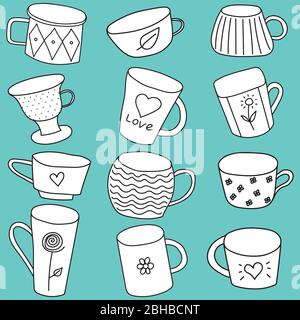 cute tea cups with drawings, various shapes, Doodle style, white on turquoise background, seamless vector pattern, for fabric, paper. set of cups. Stock Vector