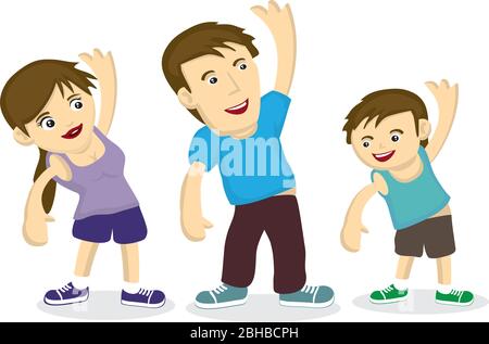 Family of three exercise together. Concept of bonding and fitness of family members. Vector cartoon illustration. Stock Vector