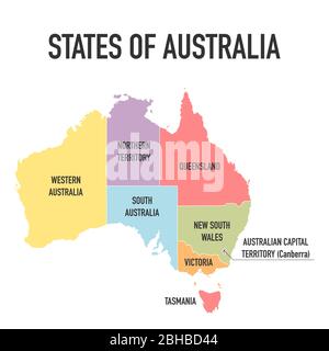 Australia map, new political detailed map, separate individual states, with state names, isolated on white background vector illustration eps 10 Stock Vector