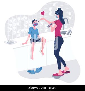 A girl and a child in the home kitchen have fun during quarantine. Mom paints a protective mask for a kid with a brush.  Cartoon character vector illu Stock Vector