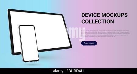 Realistic template mock up of a digital tablet and a smartphone for web design, webpages, banners, landings, presentations. Stock Vector