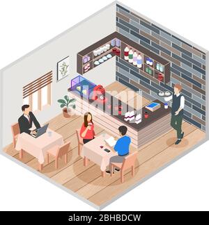 Vector isometric illustration of a cafe interior with sitting visitors Stock Vector