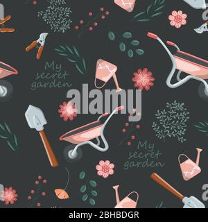 Seamless vector pattern of garden tools and plants hand drawn elements over black Stock Vector