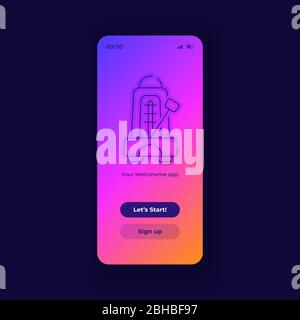 Metronome application smartphone interface vector template. Mobile app page dark design layout. Log in page screen. Flat UI for application. Start and Stock Vector