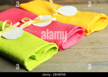 Napkins with Easter decorations  on wooden background Stock Photo