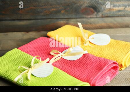 Napkins with Easter decorations  on wooden background Stock Photo