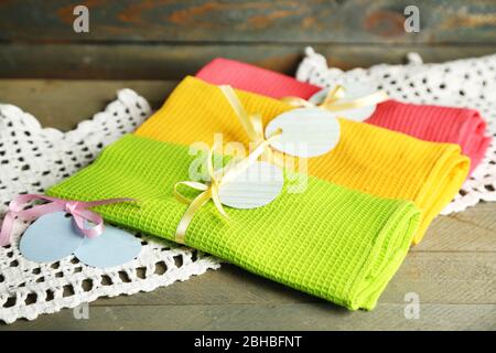Napkins with Easter decorations  on wooden background Stock Photo