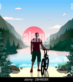 Man with a bike. Mountain landscape. The lake in the mountains. Forest. Sunny dawn. The sky with clouds. Sandy beach with stones and grass. Stock Vector