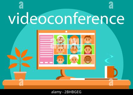 Computer with video conferencing. On the screen are smiling faces of different people. On the table is also a cup of hot coffee and a potted plant. Ve Stock Vector
