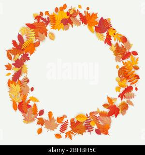 Wreath made of autumn flowers and leaves on light background. Autumn composition. EPS 10 Stock Vector
