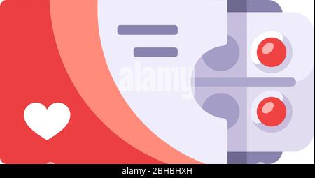Red heart tablets pack. Blister with pills in a box flat illustration Stock Vector