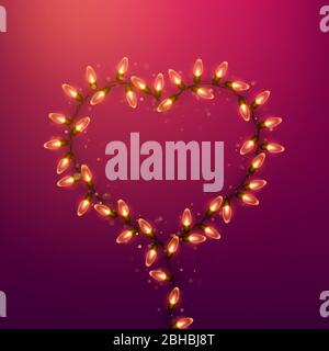 Valentines Day card with light bulbs, on pink background. Holiday illuminated frame heart made of garland wire with copy space. EPS 10 Stock Vector