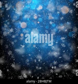 Christmas template with white blurred and clear snowflakes on dark blue background. EPS 10 Stock Vector