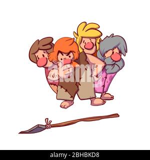 Colorful vector illustration of a group of cavemen wondering about a spear Stock Vector