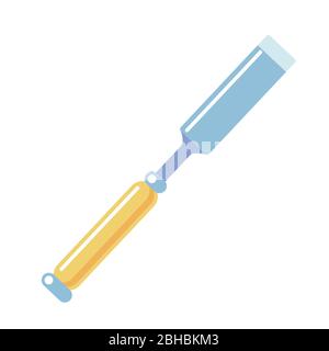 Chisel cartoon icon on white background. Carving Flat tool vector illustration. Carpenters wood chisel. Cutting edge of blade with wooden handle isolated object. Stock Vector