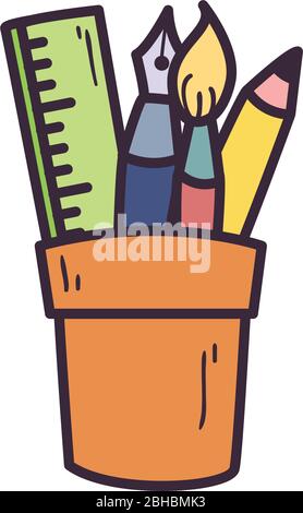 Ruler Pencil and Paint Brush in Cup Stock Vector - Illustration of