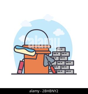 bucket paint roll bricks and spatula design of Construction working maintenance workshop repairing progress labor and industrial theme Vector illustration Stock Vector