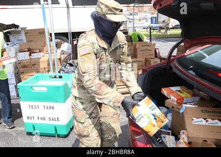 Alton, United States. 24th Apr, 2020. A Illinois National Guardsman, loads orange juice into the trunk of a car in the loading area in Alton, Illinois on Friday, April 24, 2020. Over 1700 cars lined up to receive food, distributed by the Urban League of Greater St. Louis. Photo by Bill Greenblatt/UPI Credit: UPI/Alamy Live News Stock Photo