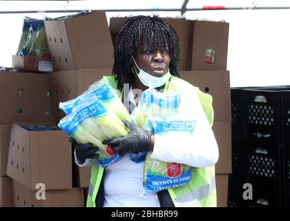 Alton, United States. 24th Apr, 2020. A volunteer holds bags of food that will be given to a car waiting in line in Alton, Illinois on Friday, April 24, 2020. Over 1700 cars lined up to receive food, distributed by the Urban League of Greater St. Louis. Photo by Bill Greenblatt/UPI Credit: UPI/Alamy Live News Stock Photo