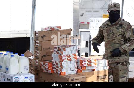Alton, United States. 24th Apr, 2020. A Illinois National Guardsman waits to put free food into the trunk of a car in the loading area in Alton, Illinois on Friday, April 24, 2020. Over 1700 cars lined up to receive food, distributed by the Urban League of Greater St. Louis. Photo by Bill Greenblatt/UPI Credit: UPI/Alamy Live News Stock Photo