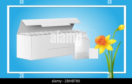 mock up illustration of tea bag box on floral background Stock Vector