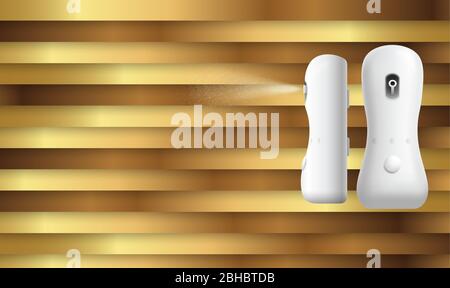 mock up illustration of room freshener spray on gold background Stock Vector