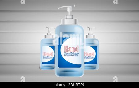 mock up illustration on hand sanitizer bottles on wooden background Stock Vector