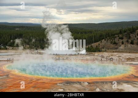 Aerial view of Grand Prismatic Spring in Midway Geyser Basin, Yellowstone National Park, Wyoming, USA. It is the largest hot spring in the United Stat