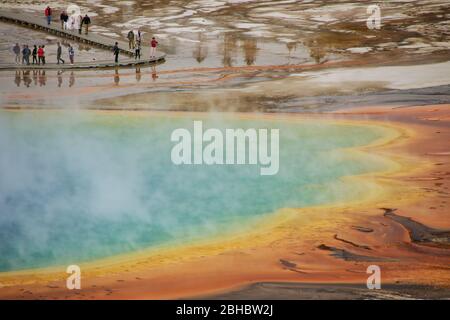 Close-up aerial view of Grand Prismatic Spring in Midway Geyser Basin, Yellowstone National Park, Wyoming, USA. It is the largest hot spring in the Un