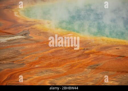 Close-up aerial view of Grand Prismatic Spring in Midway Geyser Basin, Yellowstone National Park, Wyoming, USA. It is the largest hot spring in the Un