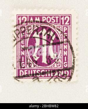 SEATTLE WASHINGTON - April 23, 2020: German Postage from the Allied Occupation by the American and British Zone. Scott #3N8 Stock Photo