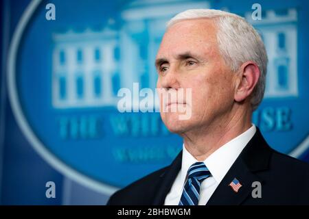 Washington, United States Of America. 24th Apr, 2020. Vice President Mike Pence attends a coronavirus update briefing Friday, April 24, 2020, in the James S. Brady Press Briefing Room of the White House. People: Vice President Mike Pence Credit: Storms Media Group/Alamy Live News Stock Photo