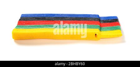 multi-color velcro cable tie and cable on white Stock Photo