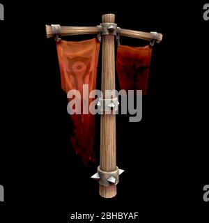 3D render- vintage burned flag of symbol of death and darkness isolated on black Stock Photo