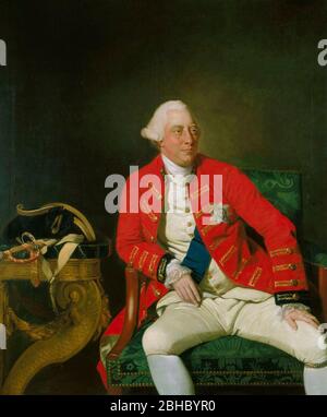 Portrait of George III of the United Kingdom (1738-1820) -  A three quarter length figure of King George III seated in a General Officer's coat with the ribbons and star of the Garter, wearing the Garter around his leg; his hat and sword resting on a nearby table. Finished in 1771 it portrays the king at age 33, with a steady serious gaze, a ruddy healthy face, and a calm assured demeanor. Johan Zoffany, 1771 Stock Photo