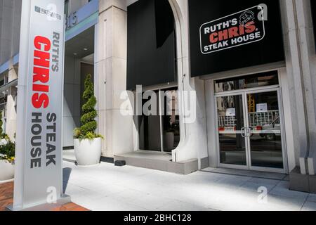 A logo sign outside of a Ruth's Chris Steak House restaurant location in Bethesda, Maryland on April 22, 2020. Stock Photo