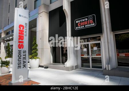 A logo sign outside of a Ruth's Chris Steak House restaurant location in Bethesda, Maryland on April 22, 2020. Stock Photo